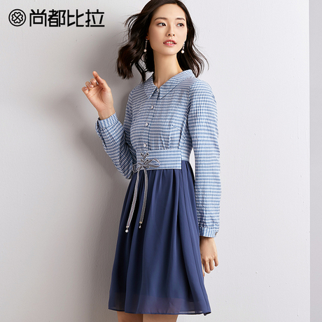 【8折价238元】减龄娃娃领蝴蝶结收腰假两件格子拼接雪纺连衣裙商品大图