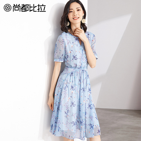 尚都比拉镂空小心机印花雪纺裙2018夏装新款短袖收腰碎花连衣裙女商品大图