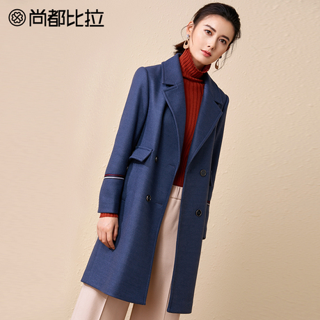 【8折价398元】尚都比拉新款撞色袖口复古人字纹羊毛呢子大衣外套商品大图
