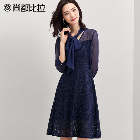 【8折价262元】秋季女裙子绑带蝴蝶结七分袖拼接蕾丝雪纺连衣裙商品大图