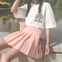 韩版 春夏女装 小清新少女绑带高腰百褶裙学生半身裙百搭短裙A字裙