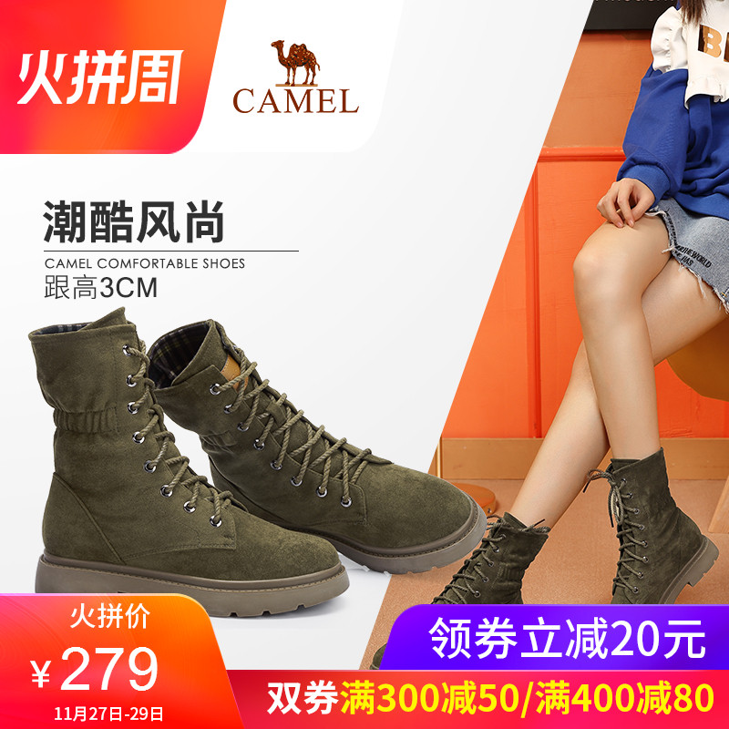 Camel Women's Shoes 2018 Winter New Martin Boots Women's Slim Boots Mid length Boots Versatile British Lace up Women's Boots