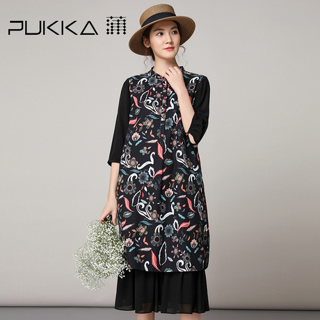 Pukka蒲牌真丝拼接亚麻棉印花连衣裙女原创设计女装2019春装新款商品大图