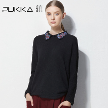 Pukka/蒲牌秋冬新款原创设计女装翻领肌理针织刺绣T恤衫图片