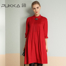 Pukka/蒲牌2018春秋装新款原创设计女装褶皱刺绣亚麻长袖连衣裙图片