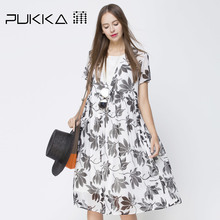 Pukka蒲牌印花真丝连衣裙女原创设计女装2018夏装新款女商场同款图片
