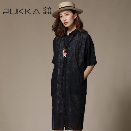 Pukka/蒲牌2018夏装新款原创设计大码女装翻领印花棉连衣裙商品大图