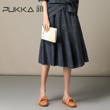 Pukka蒲牌格纹棉麻半身裙女中裙原创设计大码女装2018秋装新款图片