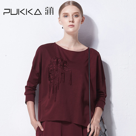 Pukka蒲牌全棉绣花T恤女原创设计大码女装2018秋装新款商场同款商品大图