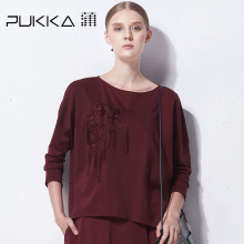 Pukka蒲牌全棉绣花T恤女原创设计大码女装2018秋装新款商场同款图片