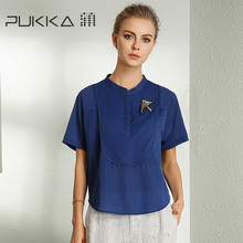 Pukka/蒲牌棉质拼接衬衫女短袖原创设计大码女装夏装2018新款女图片