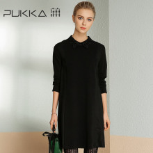 Pukka/蒲牌2018春装新款原创设计女装翻领亚麻拼接长袖棉麻连衣裙图片