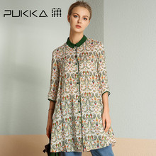 Pukka/蒲牌2018春装新款原创设计女装翻领真丝拼接苎麻印花连衣裙图片