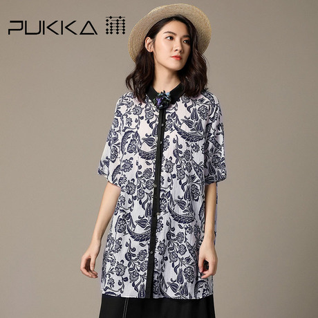 Pukka蒲牌印花棉中袖衬衫女原创设计大码女装夏装2018新款女商品大图