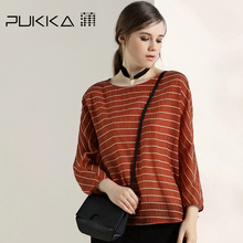 Pukka/蒲牌秋装新款原创设计棉麻女装肌理条纹天丝套头衬衫图片