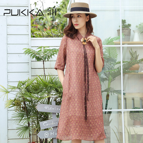 Pukka蒲牌苎麻印花中袖连衣裙女原创设计大码女装夏装2018新款女商品大图