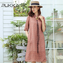 Pukka蒲牌苎麻印花中袖连衣裙女原创设计大码女装夏装2018新款女图片