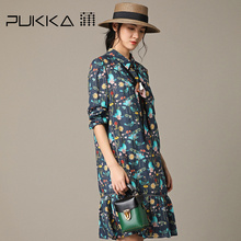 Pukka蒲牌苎麻印花长袖连衣裙女原创设计大码女装2018秋装新款图片