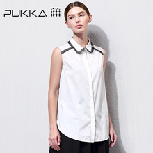 Pukka蒲牌棉质翻领流苏无袖衬衫女原创设计大码女装2018秋装新款图片