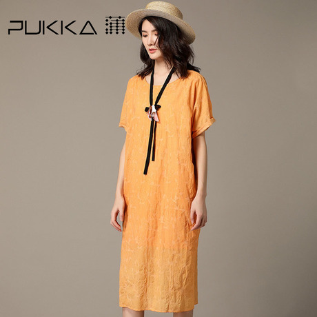Pukka蒲牌提花全棉短袖连衣裙女原创设计大码女装夏装2018新款女商品大图