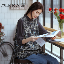Pukka/蒲牌印花棉麻衬衫女真丝拼接原创设计女装春夏装2018新款女图片