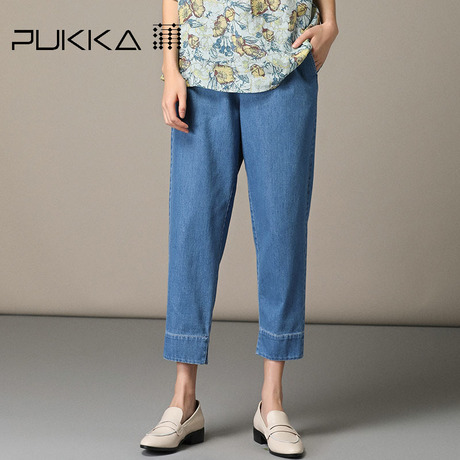 Pukka蒲牌刺绣棉牛仔裤萝卜裤女原创设计大码女装2018秋装新款商品大图