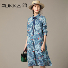 Pukka蒲牌苎麻印花连衣裙女长袖衬衫式原创设计女装2018秋装新款图片