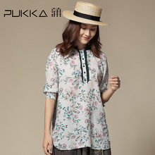Pukka蒲牌拼接印花苎麻衬衫女原创设计大码女装夏装2018新款女图片