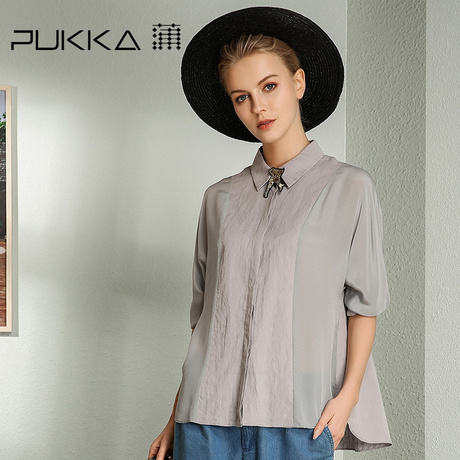 Pukka/蒲牌2018春装新款原创设计棉麻女装真丝拼接棉麻长袖衬衫商品大图