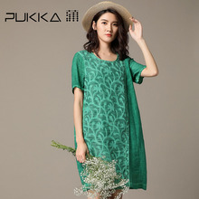 Pukka蒲牌苎麻拼接短袖连衣裙女原创设计大码女装夏装2018新款女图片