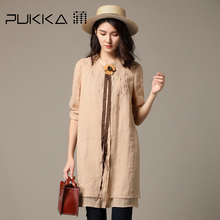 Pukka蒲牌苎麻绣花连衣裙女原创设计大码女装秋装2018新款女图片