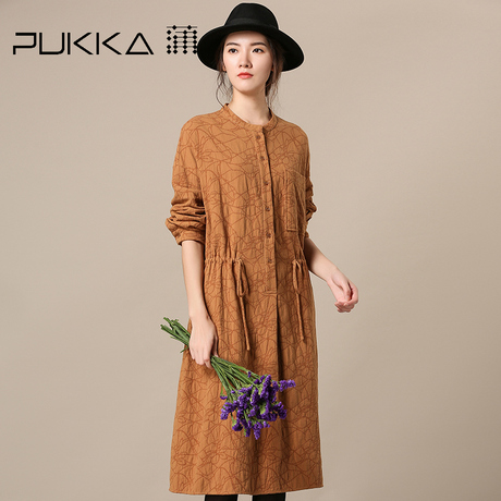 Pukka蒲牌棉麻提花连衣裙女系带原创设计大码女装2018秋装新款商品大图
