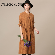 Pukka蒲牌棉麻提花连衣裙女系带原创设计大码女装2018秋装新款图片