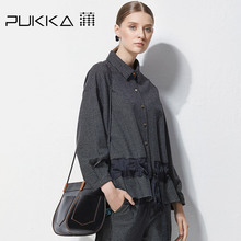 Pukka/蒲牌秋冬新款原创设计女装提花棉质格子系带翻领短外套图片