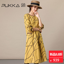 Pukka蒲牌棉麻印花连衣裙女原创设计大码女装秋冬装女2018新款图片