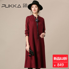Pukka蒲牌羊毛呢拼接连衣裙女原创设计大码女装秋冬装女2018新款图片