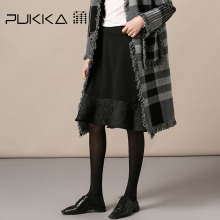 Pukka蒲牌荷叶边拼接棉质半身裙女原创设计大码女装2018秋装新款图片