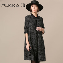 Pukka蒲牌全棉印花衬衫式连衣裙女原创设计大码女装2018秋装新款图片