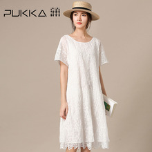 Pukka蒲牌全棉蕾丝拼接连衣裙女原创设计大码女装2018夏装新款图片