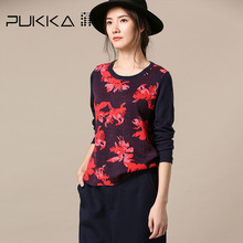 Pukka蒲牌拼接提花羊毛针织衫女原创设计大码女装2018秋装新款图片