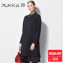 Pukka蒲牌棉羊毛呢绣花连衣裙女原创设计女装秋冬装女2018新款图片