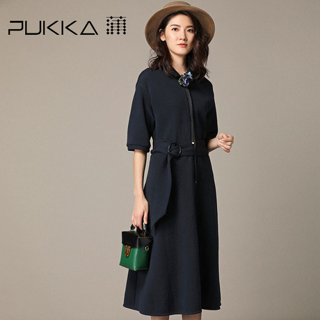 Pukka蒲牌肌理棉系带中袖连衣裙女原创设计大码女装2018秋装新款商品大图