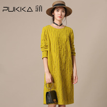 Pukka蒲牌肌理冰丝长袖连衣裙女原创设计大码女装2018秋装新款图片