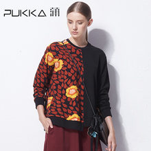 Pukka蒲牌印花棉拼接套头卫衣女原创设计大码女装2018秋装新款图片
