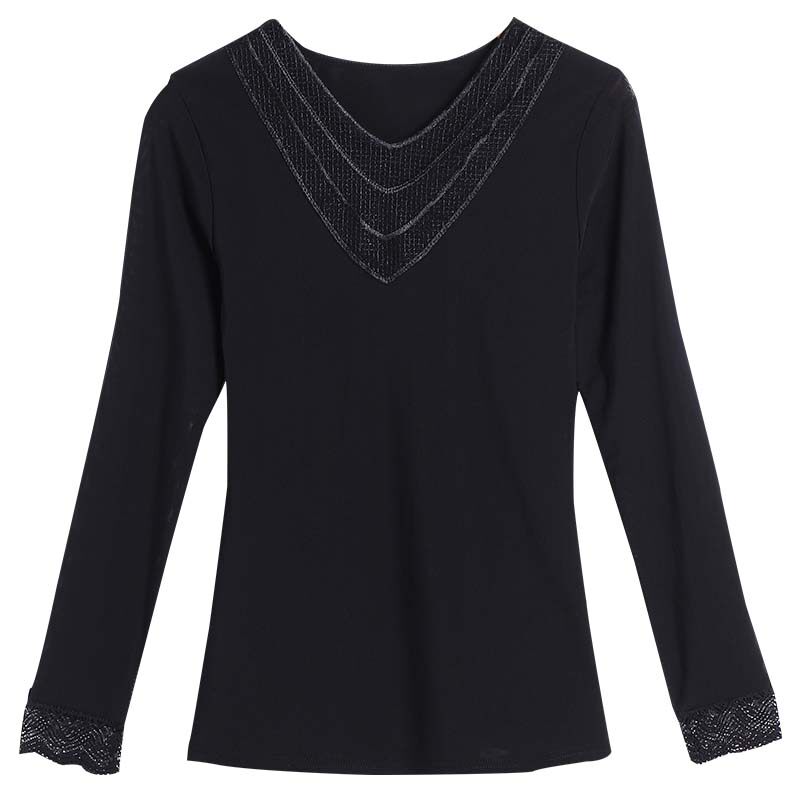 春秋新款女装黑色V领打底衫女长袖修身网纱上