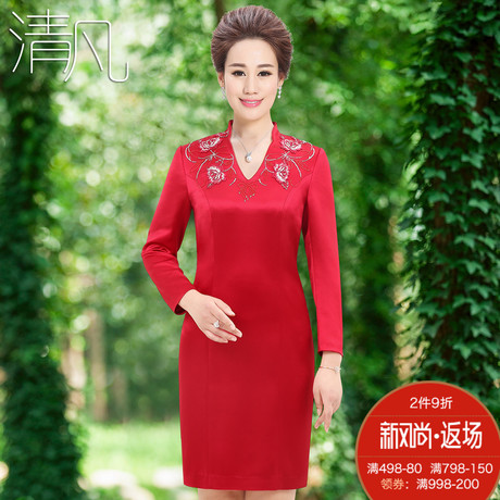 清凡时尚婚礼妈妈装夏秋装缎面连衣裙奢华气质喜婆婆婚宴装中老年商品大图