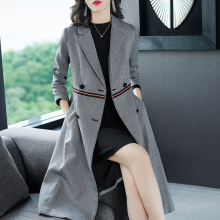 隆缘裳外套女中长款2018新款冬装高腰千鸟格西装领OL修身大衣3372图片