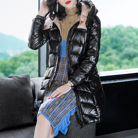 隆缘裳2018冬装新品韩版宽松连帽亮面中长款羽绒服女加厚外套3366商品大图