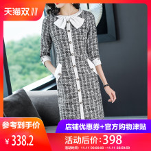 隆缘裳2018秋冬新款气质格子七分袖中长款蝴蝶结修身连衣裙女3712图片