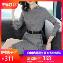 隆缘裳2018秋冬新款韩版高腰包臀裙修身千鸟格中长款OL连衣裙3756图片